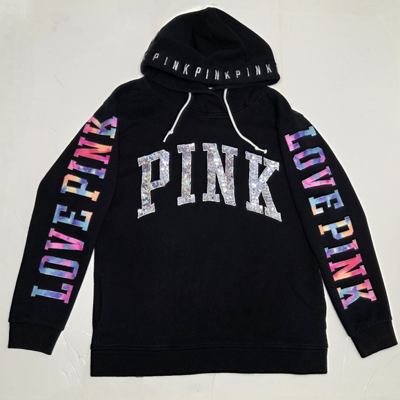 Victoria's Secret PINK Watercolor Hoodie Y2k Bling Sequin Love Streetwear Small - Picture 2 of 13